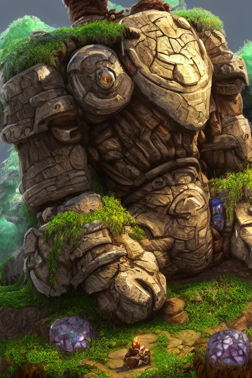 Image similar to zelda fantasy art giant golem troll wood rock greeble gemstone, global illumination ray tracing hdr fanart arstation by sung choi and eric pfeiffer and gabriel garza and casper konefal