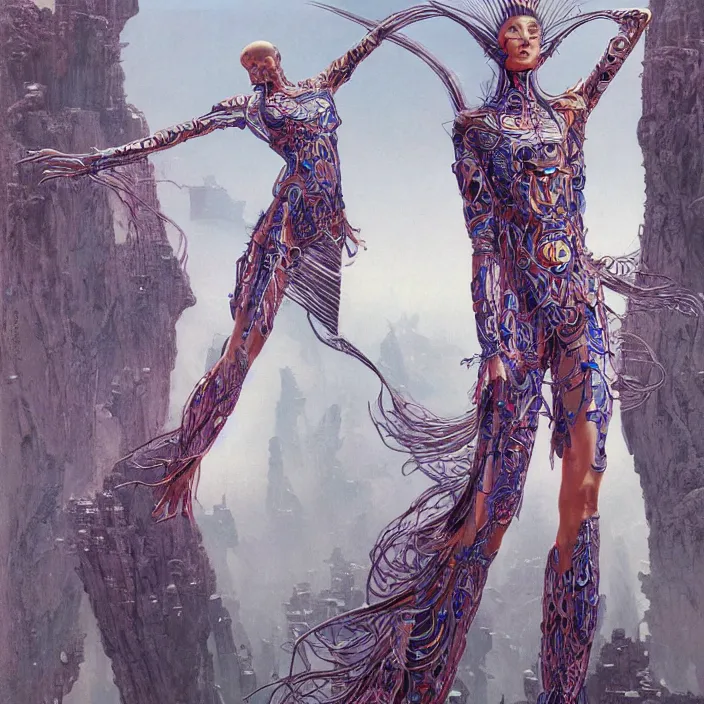 Image similar to chinese princess, full body, high fashion, futurist, aerodynamic, flowing, intricate, slick, highly detailed, digital painting, cyberpunk, concept art, smooth, sharp focus, hd, art by wayne barlowe and bruce pennington and annie leibovitz