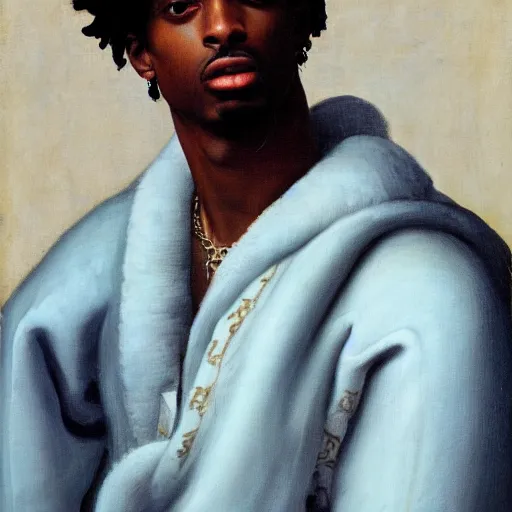 Image similar to a renaissance style portrait painting of playboi carti