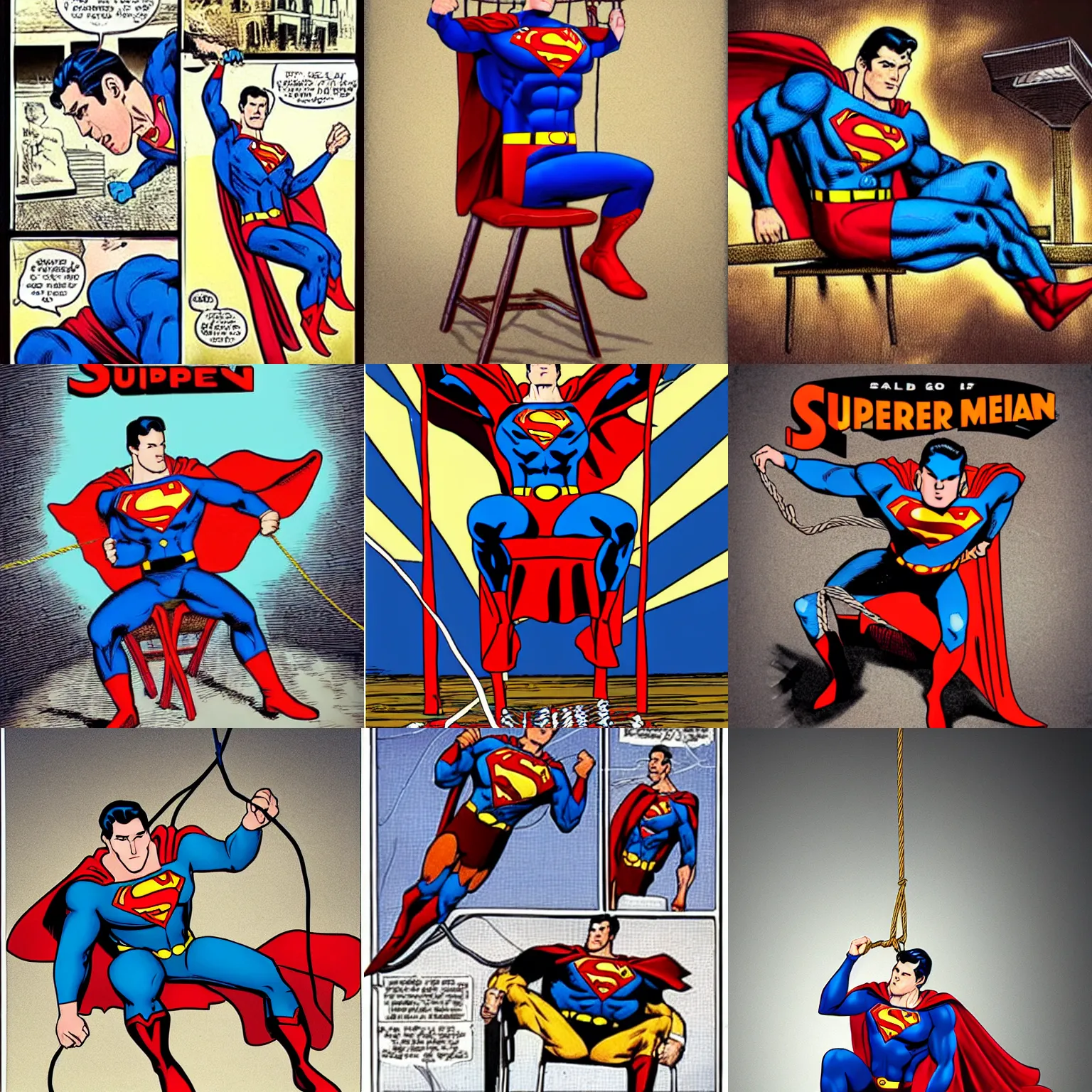 Prompt: superman tied to a chair with ropes