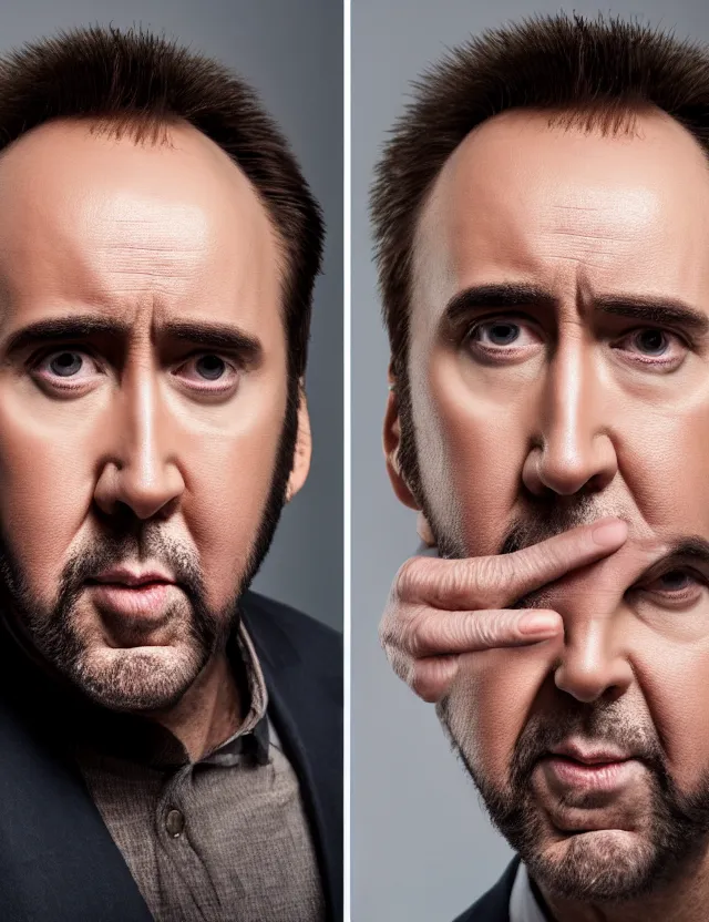 Image similar to professional portrait of nicolas cage neutral expression face straight on headshot even lighting