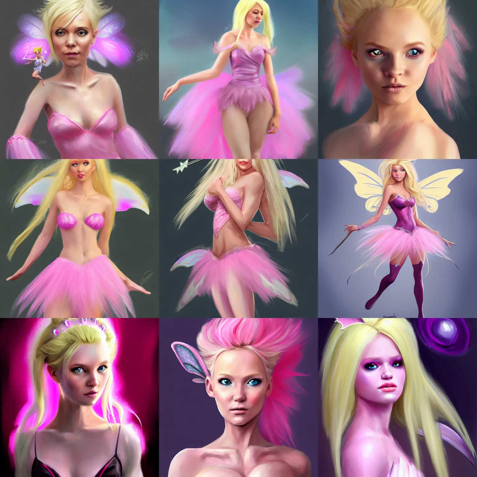 Prompt: character concept portrait, blonde fairy woman, wearing a pink romantic tutu, digital painting, concept art, smooth, sharp focus, illustration, trending on artstation, fantasy, highly detailed, by simon bisley, by simon bisley, by simon bisley, by simon bisley, by simon bisley, by simon bisley