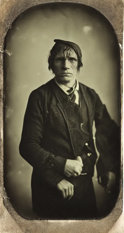 Image similar to a wet plate photograph, a portrait of a stern looking school teacher