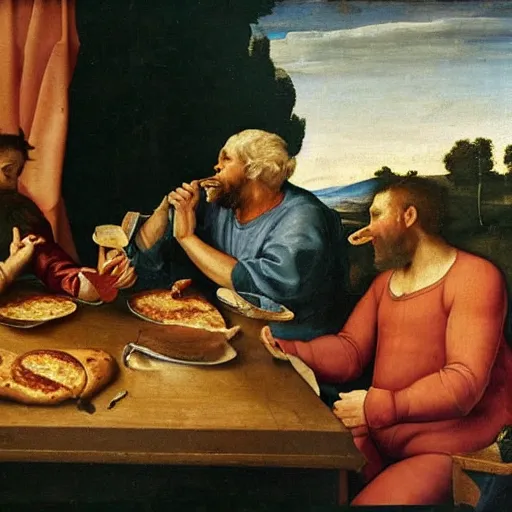 Image similar to a renaissance painting of a man eating pizza on the couch in his pajamas