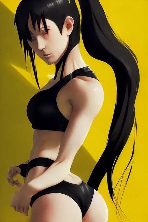 Image similar to black ponytail hair, pale woman in a black zipper jacket and yellow bikini, yellow eyes, by artgerm, hair tied in a ponytail, black backdrop, masterpiece, beautiful render, matte painting, realistic, fighting pose, dynamic angle, by greg rutkowski makoto shinkai takashi takeuchi