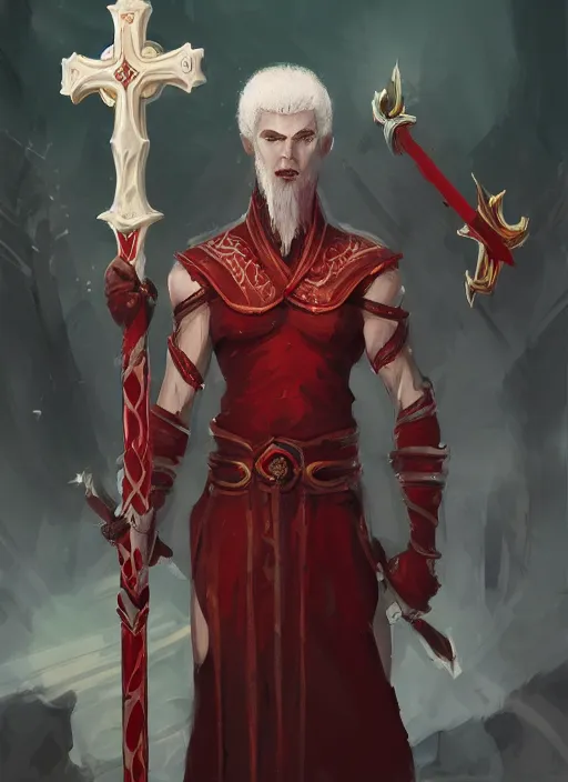 Prompt: a highly detailed illustration of short white haired african priest, wearing cross on robe, wielding red blades, strong standing pose, blood flowing around him, muscular, intricate, elegant, highly detailed, centered, digital painting, artstation, concept art, smooth, sharp focus, league of legends concept art, WLOP