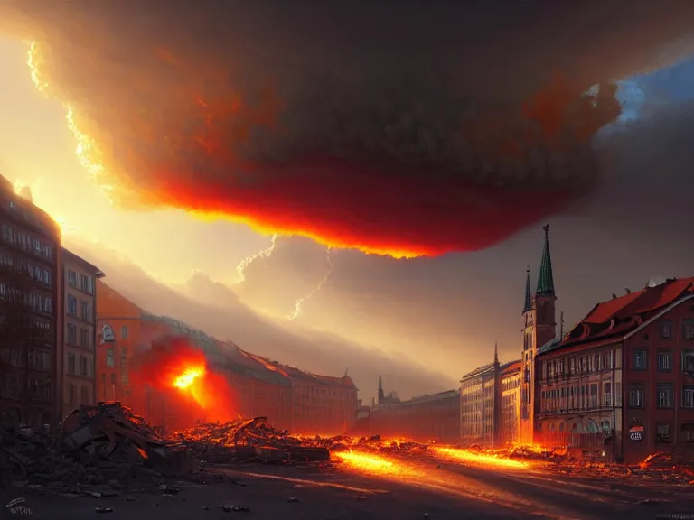 Image similar to , city of munich!!!, nuclear explosion!!!, shockwave!!, rubble, hyperrealistic, highly detailed, cinematic, single ray of golden sunlight, beautiful, cgssociety, artstation, 8 k, oil painting by greg rutkowski, by artgerm, by wlop