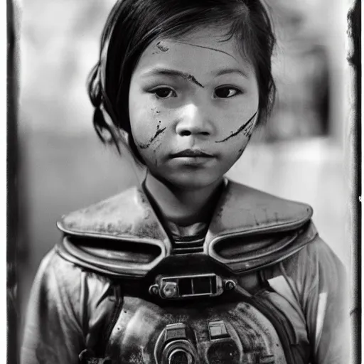 Image similar to A Filipino girl wearing Fallout 3 power armor, portrait, by Diane Arbus