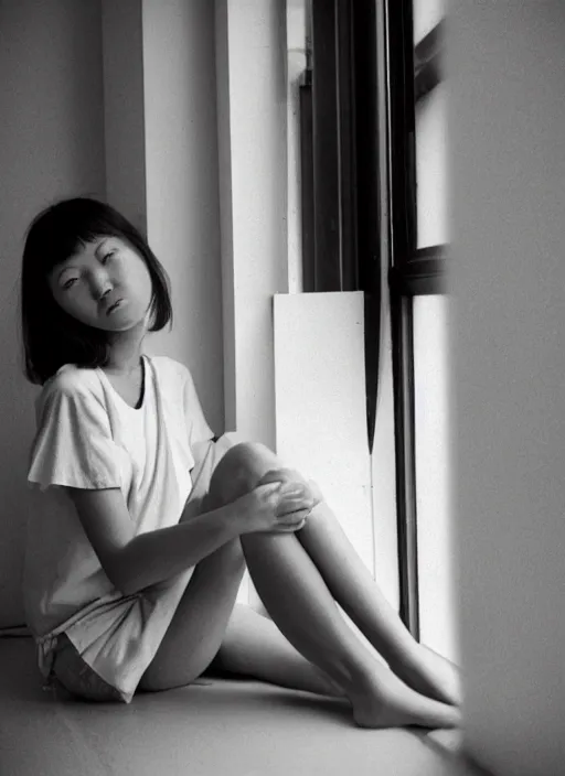 Prompt: photography girl looking sitting next to window by mikiko hara