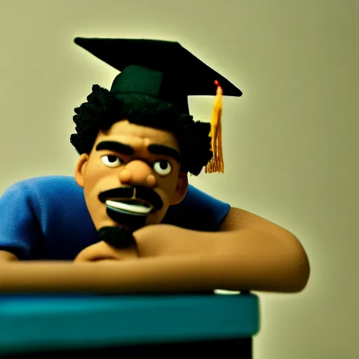 Image similar to a cinematic film still of a claymation stop motion film starring chance the rapper as a college student, shallow depth of field, 8 0 mm, f 1. 8