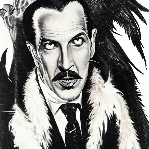 Prompt: vincent price as billionaire howard hughes in long black feathered cloak, black hands tipped with black claws, feathers growing out of skin, at opulent desk, comic book cover, vivid, mike mignogna, illustration, highly detailed, rough paper, dark, oil painting