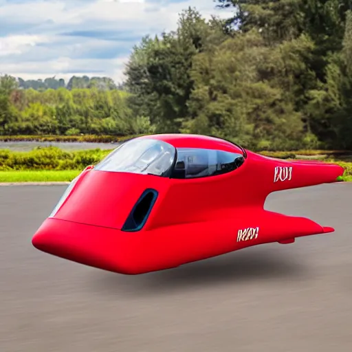 Image similar to red sport flying hovercar 35mm product photo