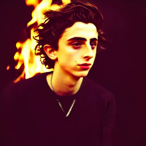 Prompt: photo of timothee chalamet, facing the camera, kodak ektachrome, portrait, close up, kodak gold 2 0 0, 5 0 mm, fuji 8 0 0, polaroid, night time, bonfire, low light