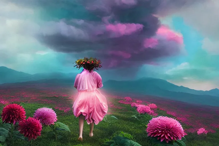 Image similar to giant dahlia flower crown under head, girl walking on mountain, surreal photography, pink storm clouds, dramatic light, impressionist painting, digital painting, artstation, simon stalenhag