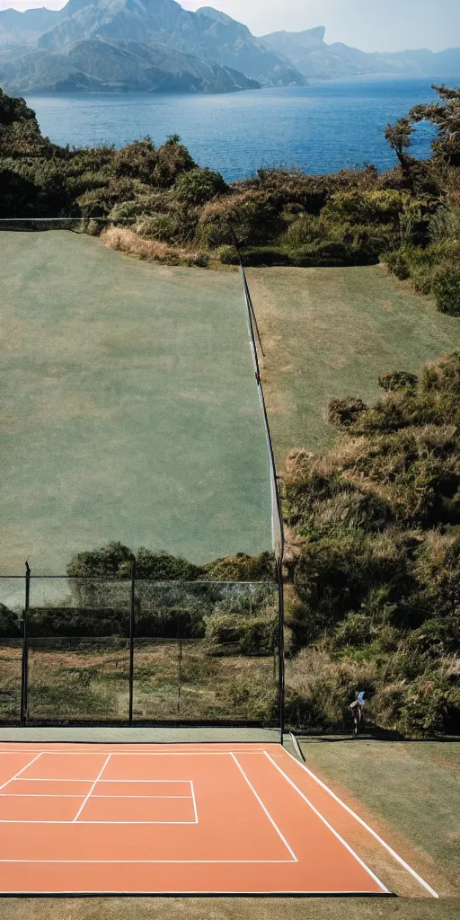 Prompt: Tennis court between mountains and sea. the style of National Geographic magazine