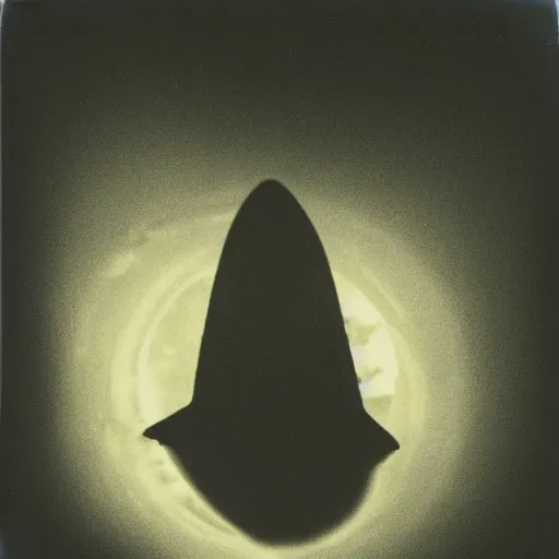 Image similar to lovecraftian alien ship seen from perspective of airplane window, real Polaroid photograph