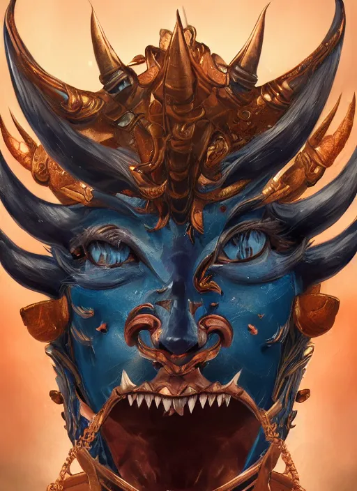 Image similar to a beautiful detailed oil on copper art illustration of a japanese blue devil mask devil woman, centered, by charlie bowater, zeng fanzh, trending on artstation, dim dusk lighting, cinematic lighting, detailed lighting, volumetric lighting, realistic, f 8, 4 k hd wallpaper