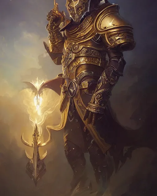 Prompt: Highly detailed Champion paladin in black gold intricate and ornate armor, unreal engine, fantasy art by peter mohrbacher, Greg Rutkowski, double exposure, Rhads, radiant halo of light