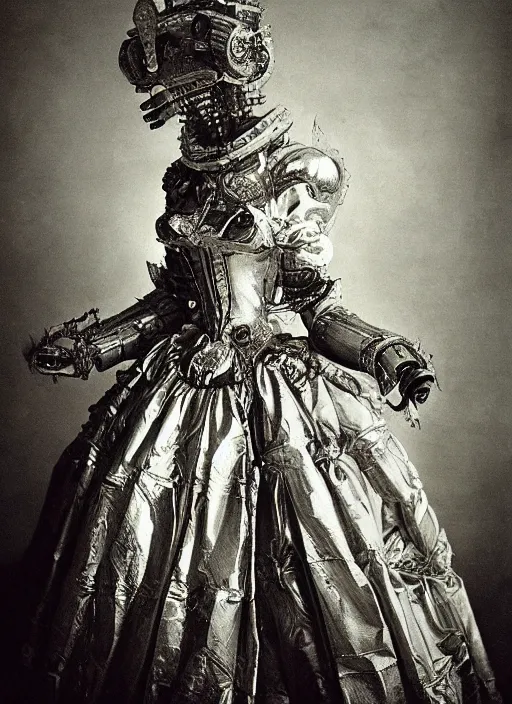 Image similar to old wetplate daguerreotype portrait of a futuristic silver armored headless marie antoinette cyborg, fractal, intricate, elegant, highly detailed, subsurface scattering, by jheronimus bosch and greg rutkowski and louis jacques mande daguerre