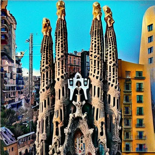 Prompt: “a city block full of buildings by antoni gaudi in Barcelona, made entirely out of bones, painting by Salvador Dali”