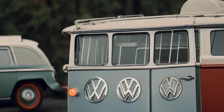 Prompt: photorealistic documentary style close macro up cinematography of a 1 9 6 8 volkswagon bus at the 1 9 6 9 woodstock festival shot on 1 6 mm eastman 7 2 5 4 film with a 6 5 mm cooke panchro macro lens shot at magic hour by cinematographers, malcolm hart, don lenzer, michael margetts, david myers, richard pearce, michael wadleigh