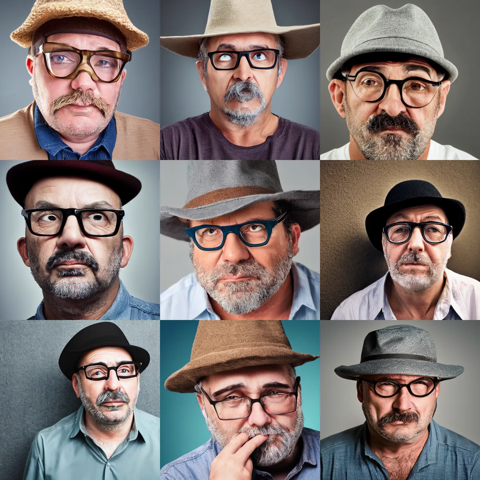 Prompt: middle aged man with hook nose, sad, stubble, glasses, and hat