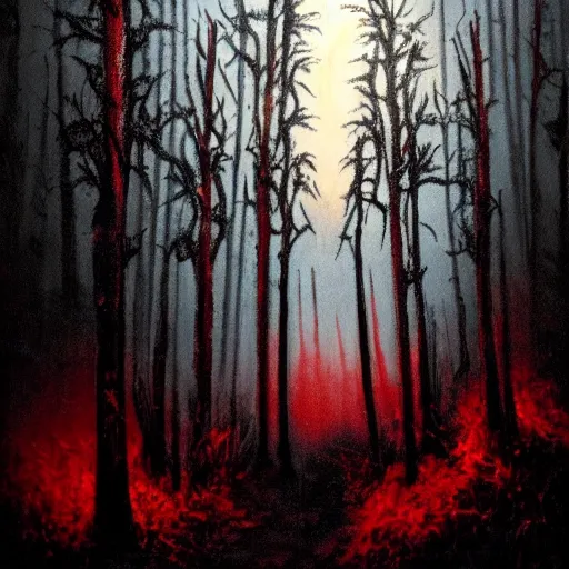 Prompt: a nightmarish creature in a dark forest with tall creepy trees, horrifying, black and red colours, wispy fog, ominous, accented paint strokes, detailed