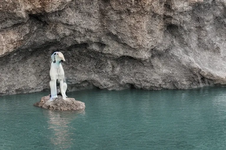 Image similar to a puppy is looking directly at the water below them while they stand at an edge of a cliff