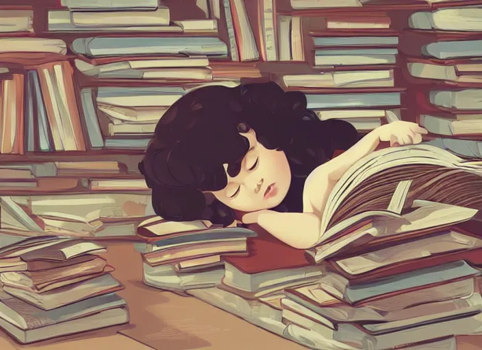 Image similar to a little girl with short wavy curly light brown hair is asleep in pile of books. clean cel shaded vector art. shutterstock. behance hd by lois van baarle, artgerm, helen huang, by makoto shinkai and ilya kuvshinov, rossdraws, illustration, art by ilya kuvshinov
