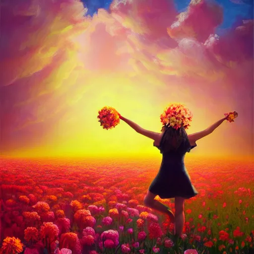 Image similar to head made of giant flowers, girl dancing in a vast flower field, arms behind back, surreal photography, sunrise dramatic light, impressionist painting, colorful clouds, large sky, digital painting, artstation, simon stalenhag, flower face