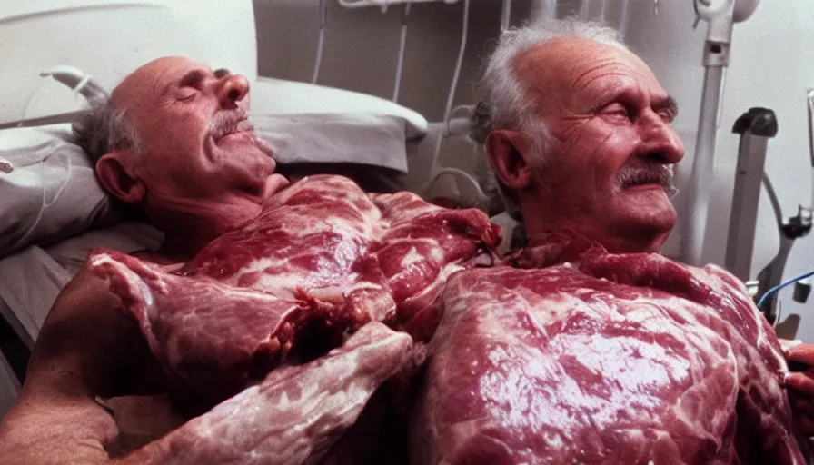 Image similar to 7 0 s movie still of a old man with a meat chest in the hospital, cinestill 8 0 0 t 3 5 mm eastmancolor, heavy grain, high quality, high detail