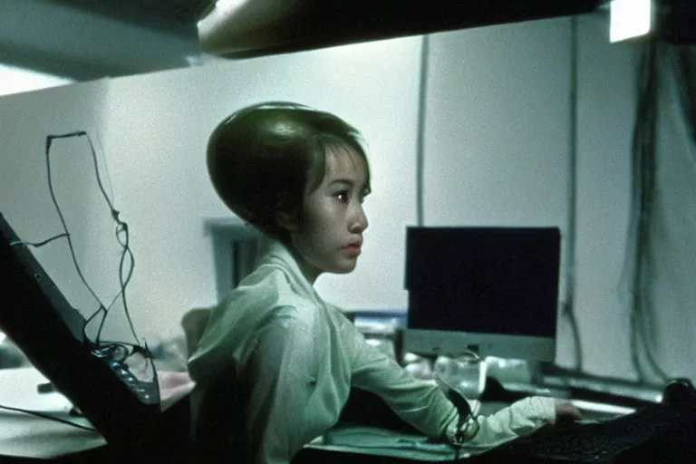 Image similar to alien using a computer to check her email submerged in translucent goo, over the shoulder perspective, in 1 9 8 5, y 2 k cybercore, industrial photography, still from a kiyoshi kurosawa movie