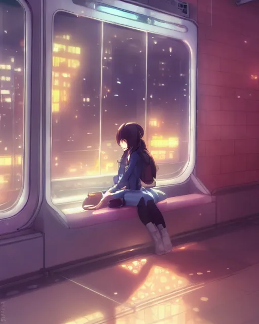 Image similar to a lonely girl sitting on a subway, full shot, ambient lighting, detailed shading, by makoto shinkai, stanley artgerm lau, wlop, rossdraws