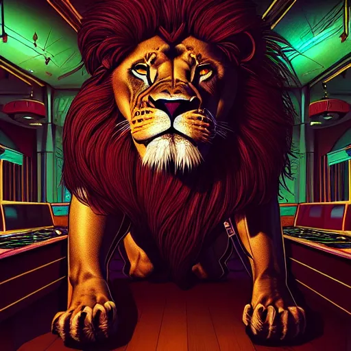 Prompt: a lion inside a night club, hyperdetailed, in the style of artgerm, deviantart, figurative art, deviantart, ilya kuvshinov, lovecraftian