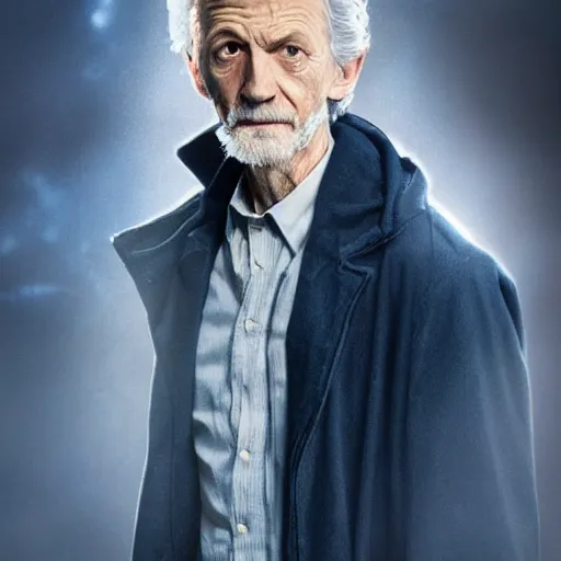 Image similar to tom holland as a rough dirty old man with a scruffy beard in a dark blue trenchcoat as the new doctor who, cinematic, volumetric lighting, f 8 aperture, cinematic eastman 5 3 8 4 film, photorealistic