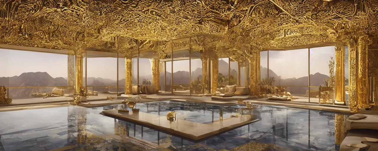 Image similar to photo of a cinematic interior of a triple height hyper luxury spa with everything made of gold, candles, windows with view to desert mountains and river, beige stone marble floor with reflection, small wellness relaxation pool, intricate hieroglyph detailed roof, contemporary design, sacred geometry, 8 k, hyperrealistic, photorealism,