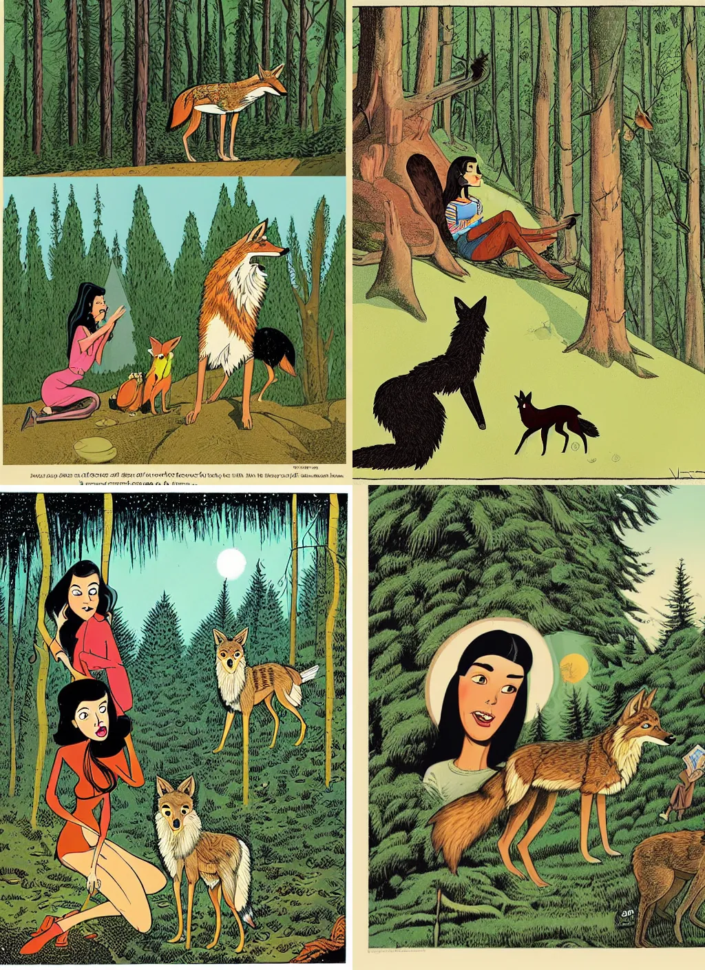 Prompt: a closeup of a young black haired woman and a coyote at her house on a forested hill. dynamic conversation, jon macnair, gary baseman, flat matte art, pedro correa, mort drucker, story book, intricate detailed, nettie wakefield