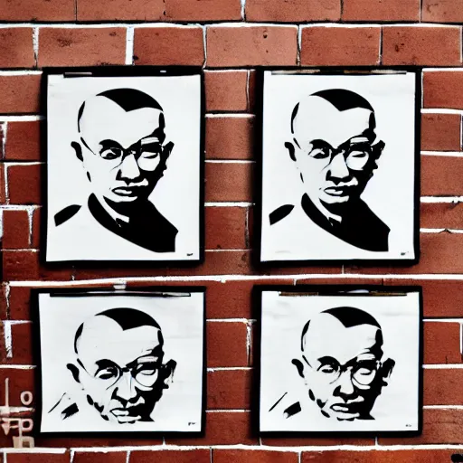 Image similar to propaganda posters of ghandi, evil, 4 k, stapled to a colourless white brick wall