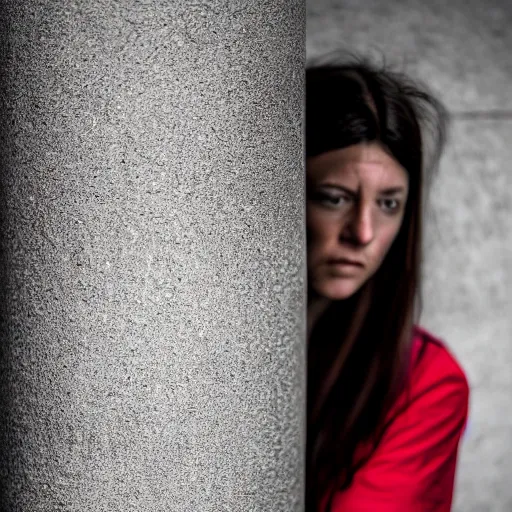 Image similar to photograph of a woman hiding behind a cement pillar, in an underground liminal space, sigma 85mm f/1.4, 4k, depth of field, high resolution, 4k, 8k, hd, full color