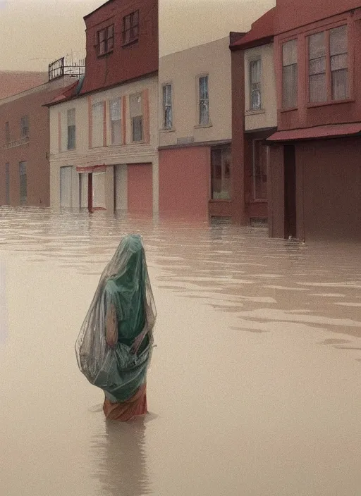 Image similar to woman dressed in transparent plastic bags, paper bags in hands and over the head, on flooded street Edward Hopper and James Gilleard, Zdzislaw Beksinski, highly detailed