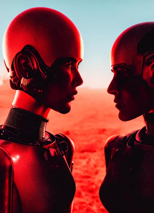 Image similar to cinestill 5 0 d photographic portrait of two loving female androids wearing rugged black techwear on a desolate plain with a red sky in front of a brutalist structure, extreme closeup, cyberpunk style, dust storm, 8 k, hd, high resolution, 3 5 mm, f / 3 2, ultra realistic faces, ex machina