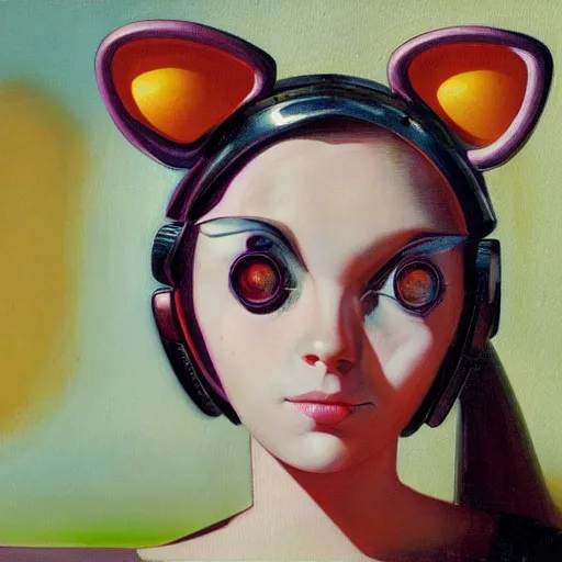 Image similar to cute young woman with robot ears and eyes, 4k, René Laloux