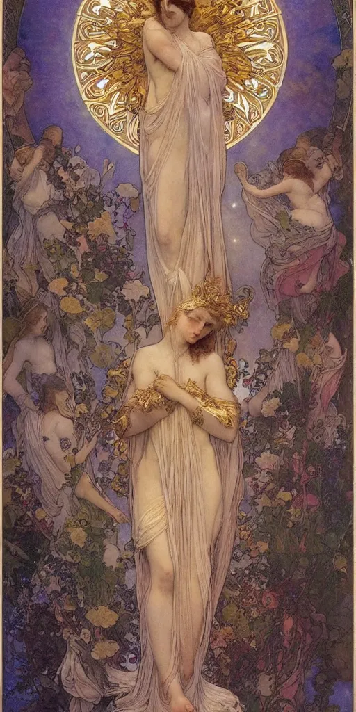 Prompt: saint woman, venus, athena, halo, queen, by alphons mucha and annie swynnerton and jean delville, strong dramatic cinematic lighting, ornate headdress, flowing robes, spines, flowers, stars, lost civilizations, smooth, sharp focus, extremely detailed, marble, gold, space