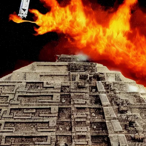 Prompt: spacecraft on fire and smoking crash landed into ancient Mayan temple, highly detailed, very intricate, aerial photograph, artstation