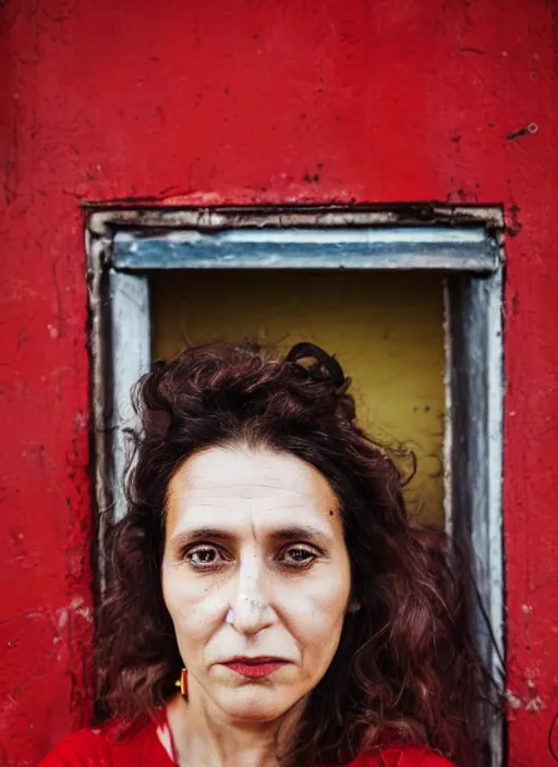 Image similar to color Close-up portrait of a beautiful 35-year-old Italian woman, wearing a red outfit, candid street portrait in the style of Martin Schoeller award winning, Sony a7R