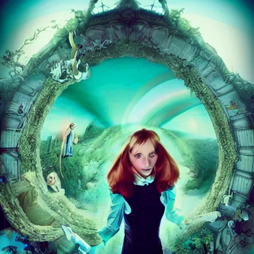 Image similar to Alice , falling down the rabbit hole with reality distorting around her