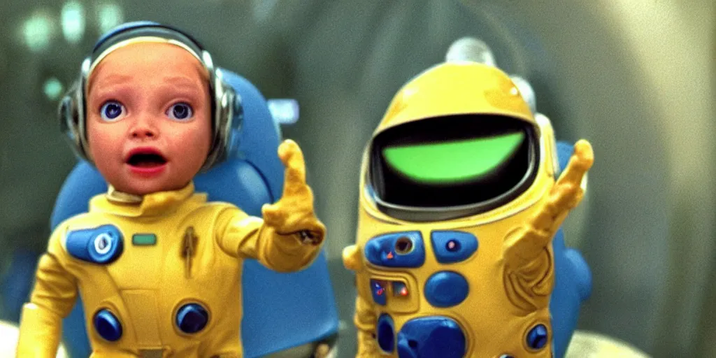Prompt: lightning bug descendant 1 million in the future has hands and a mouth with big eyes. the bug wears a spacesuit, and explores the cosmos in a spaceship. science fiction blockbuster movie bugs save the planet or the bug from saturn, silent running ( film ), sttng ( television ), arrival ( film ), lightyear ( film )