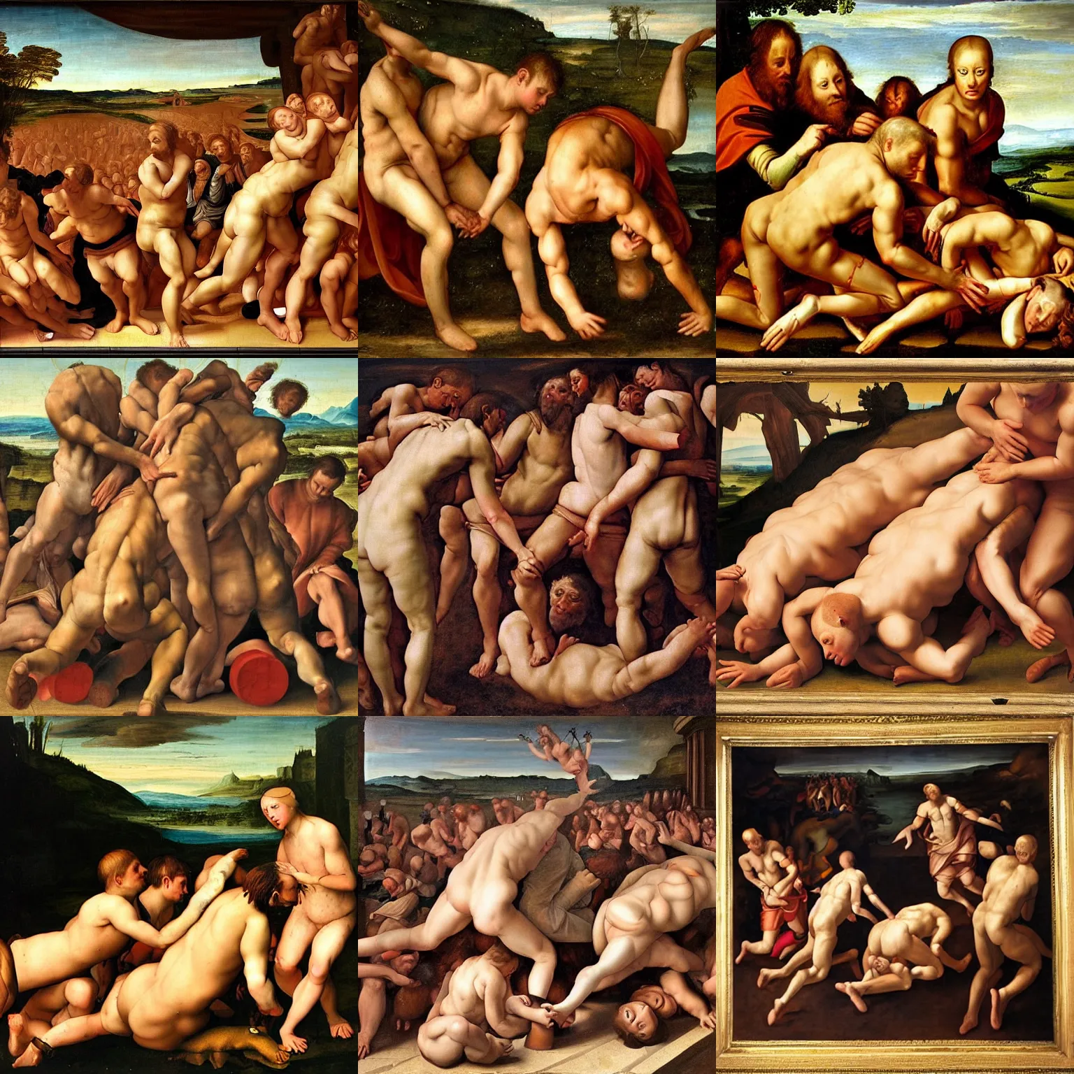 Prompt: renaissance painting of a human centipede, highly detailed, oil painting, masterpiece