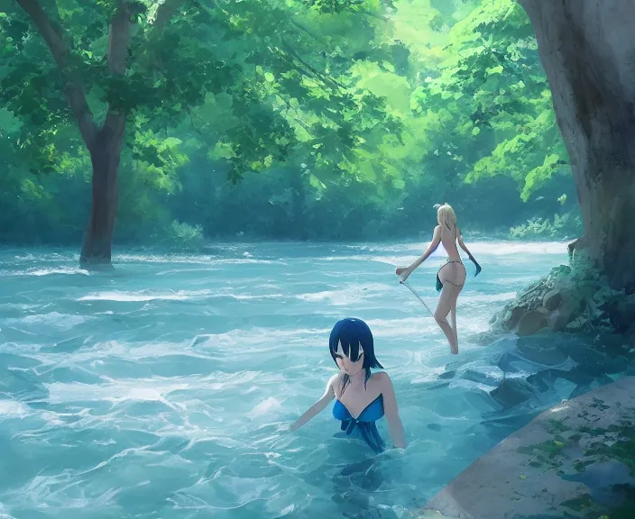 Image similar to a girl wearing a blue bathing suit wading in the river, trees bent over the river, shady, ripples, facing the camera, inviting, atmospheric lighting. By Makoto Shinkai, Stanley Artgerm Lau, WLOP, Rossdraws, James Jean, Andrei Riabovitchev, Marc Simonetti, krenz cushart, Sakimichan, trending on ArtStation, digital art.