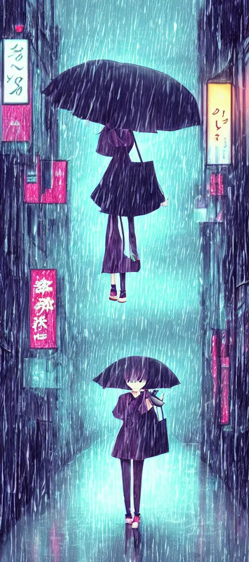 Image similar to beautiful drawing style, girl holding umbrella, contrast, visible rain, vaporware cartoon japan background, kawaii rainy gloomy, rainy night